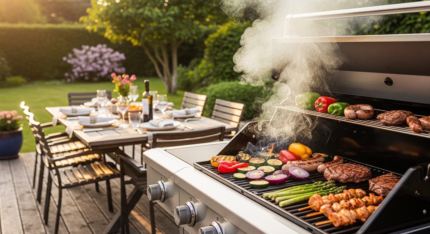 Barbecue gaz en inox en train de griller sur une terrasse de jardin belge en été