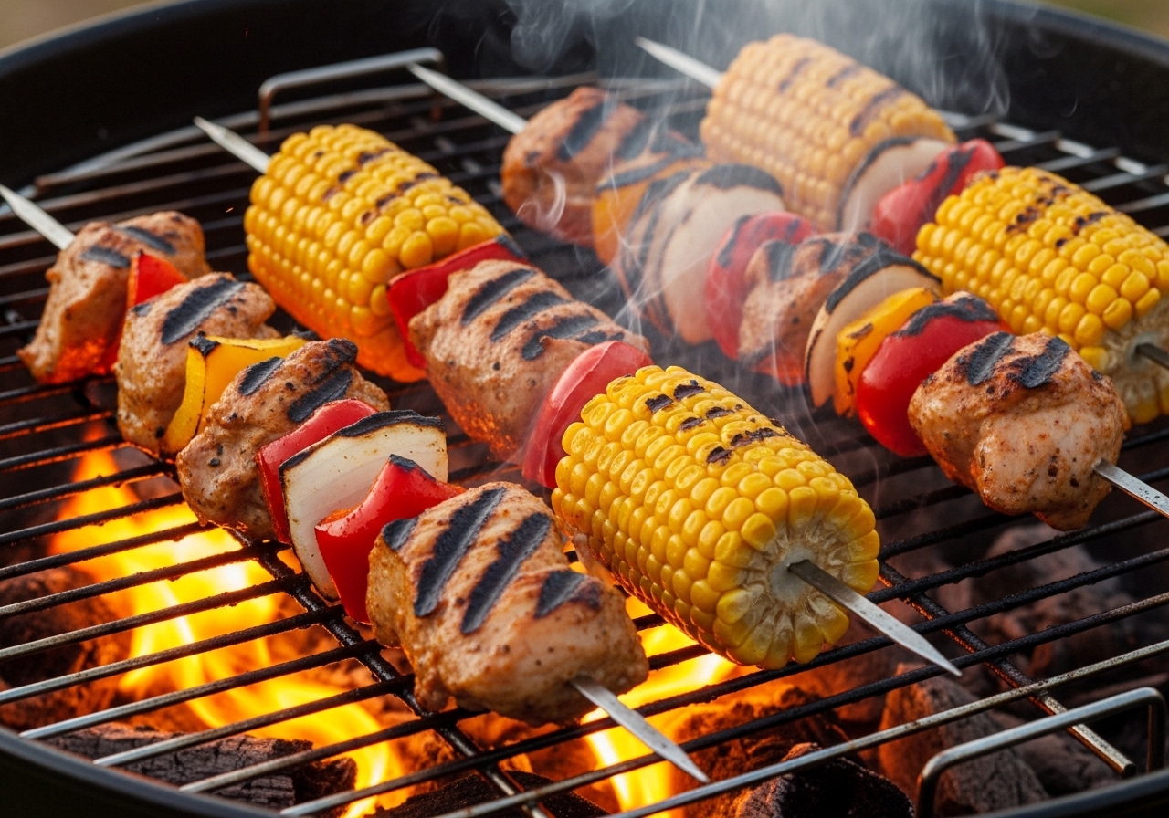 Brochettes, légumes et viandes grillant sur la grille d'un barbecue