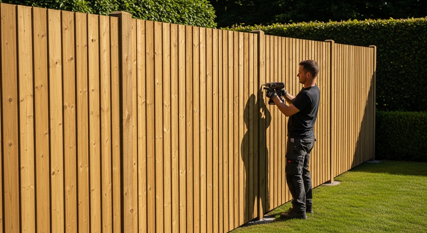 Persoon die houten planken bevestigt op een tuinomheining, palen al verankerd, zonnige dag