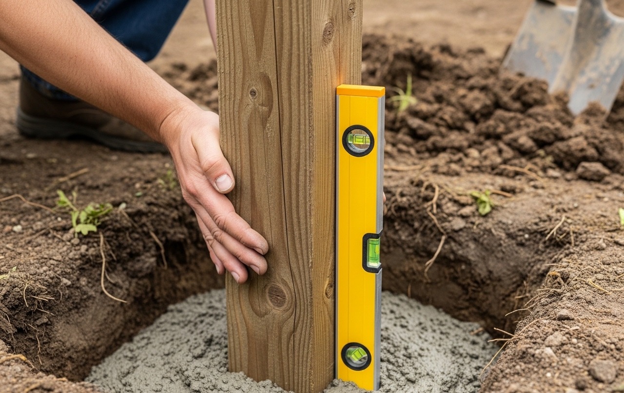 Close-up van handen die een houten paal verankeren in vers beton, waterpas bovenop de paal