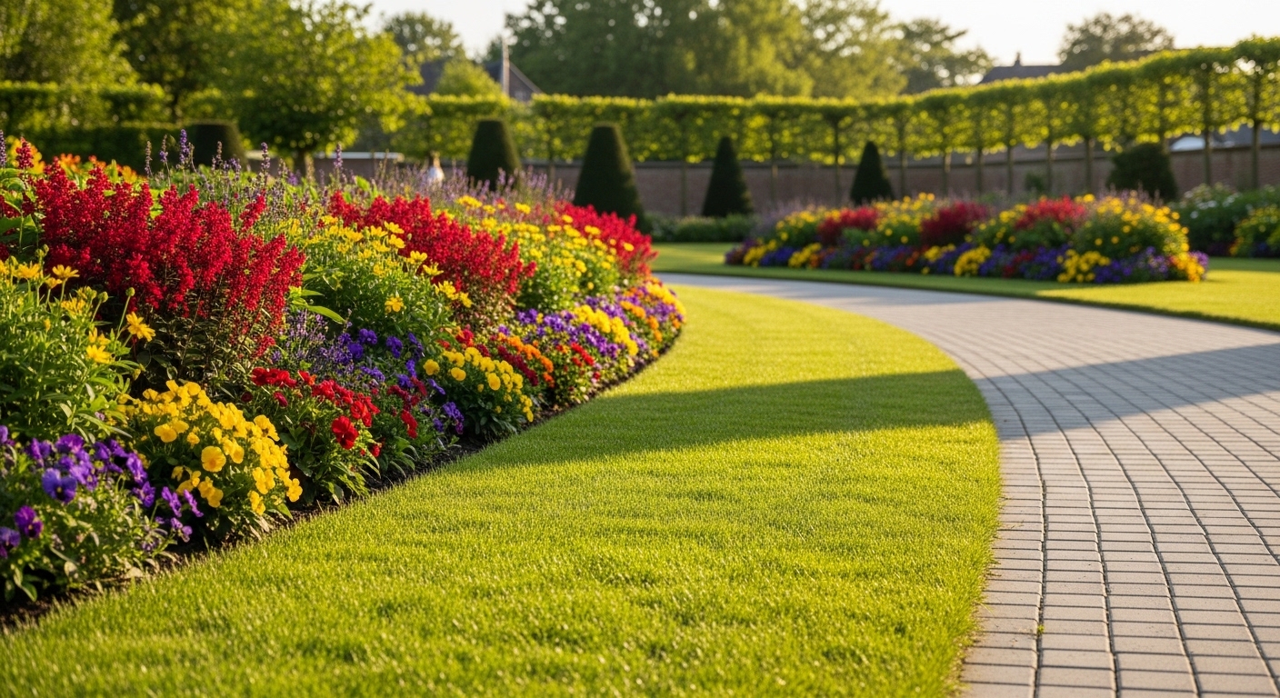 Pas afgewerkte gazonrand langs een tuinpad in een Belgische tuin