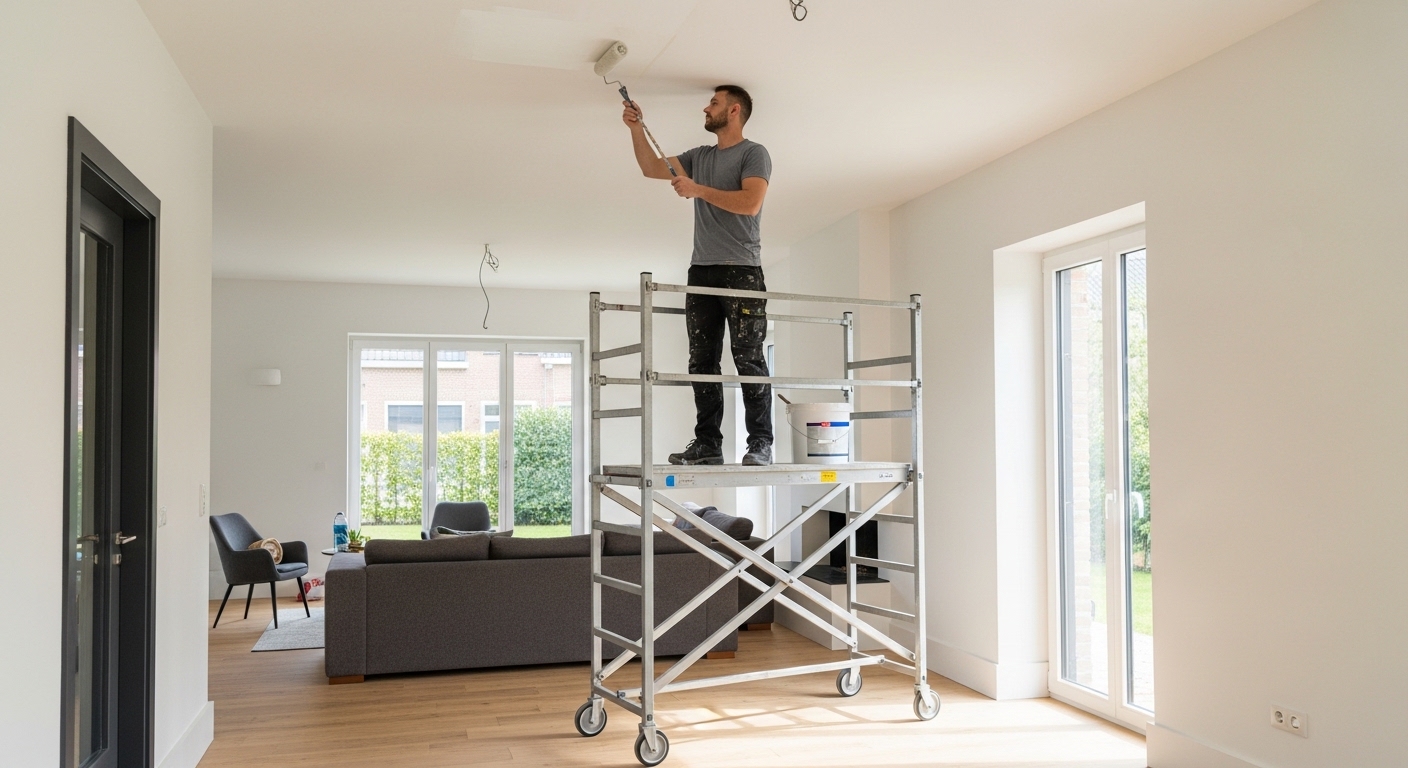 Klusser die op hoogte werkt op een vouwsteiger tijdens een binnenrenovatie