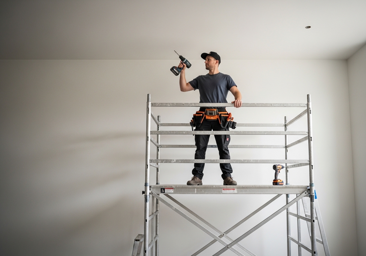 Klusser beklimt een vouwsteiger met het gezicht naar de constructie, handen op de stijlen