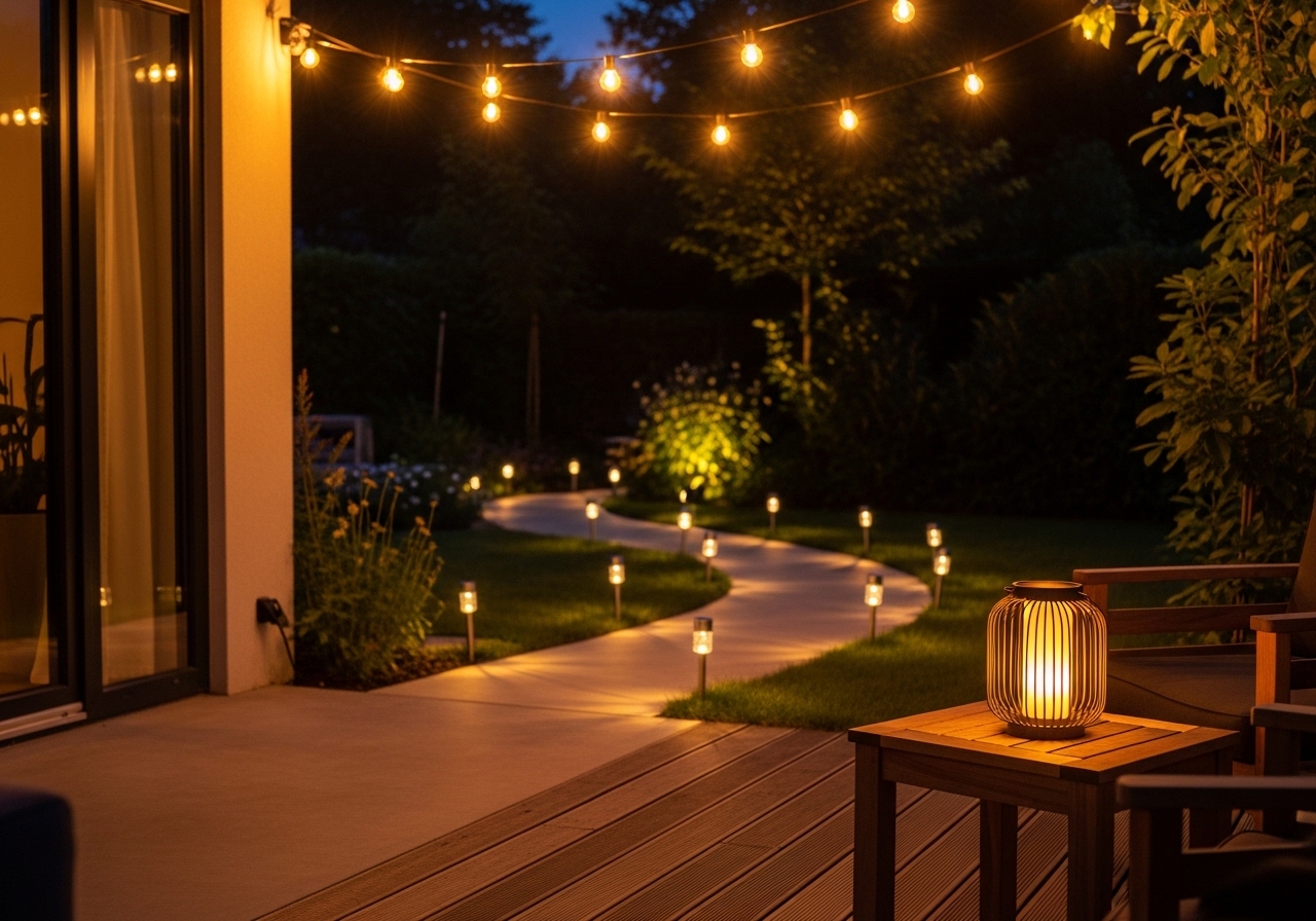 Belgische tuin verlicht op een zomeravond met meerdere verlichtingstypes