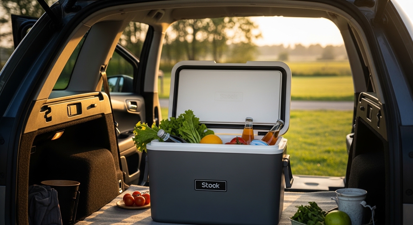 Elektrische koelbox open in de kofferbak van een SUV op een zomerse camping