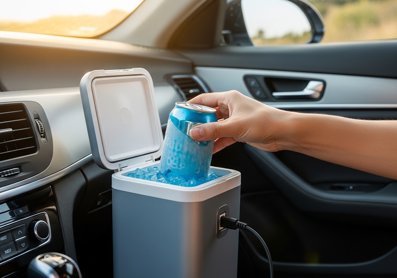 Elektrische koelbox aangesloten op de 12V-aansteker van een auto tijdens een zomerse roadtrip, hand die een koud drankje pakt
