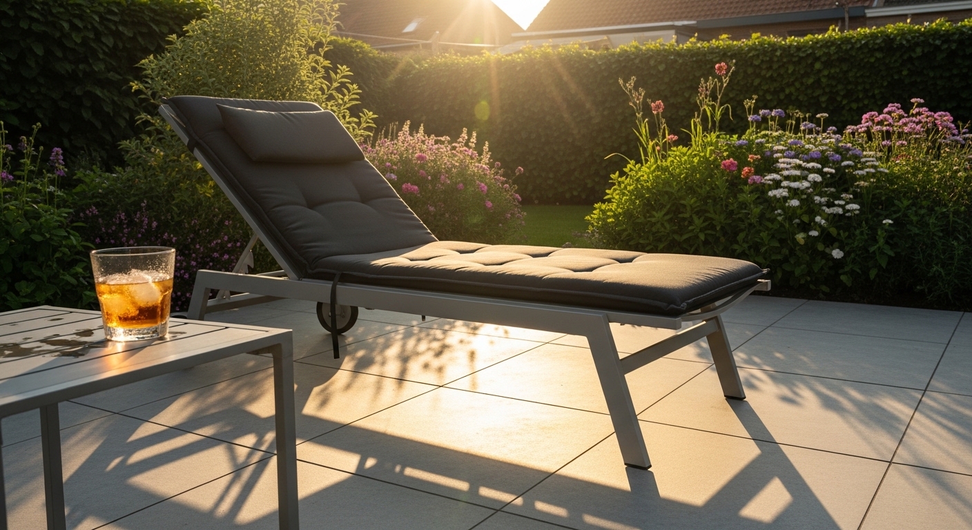 Moderne aluminium ligstoel op een zonnige terras in een Belgische tuin in de zomer