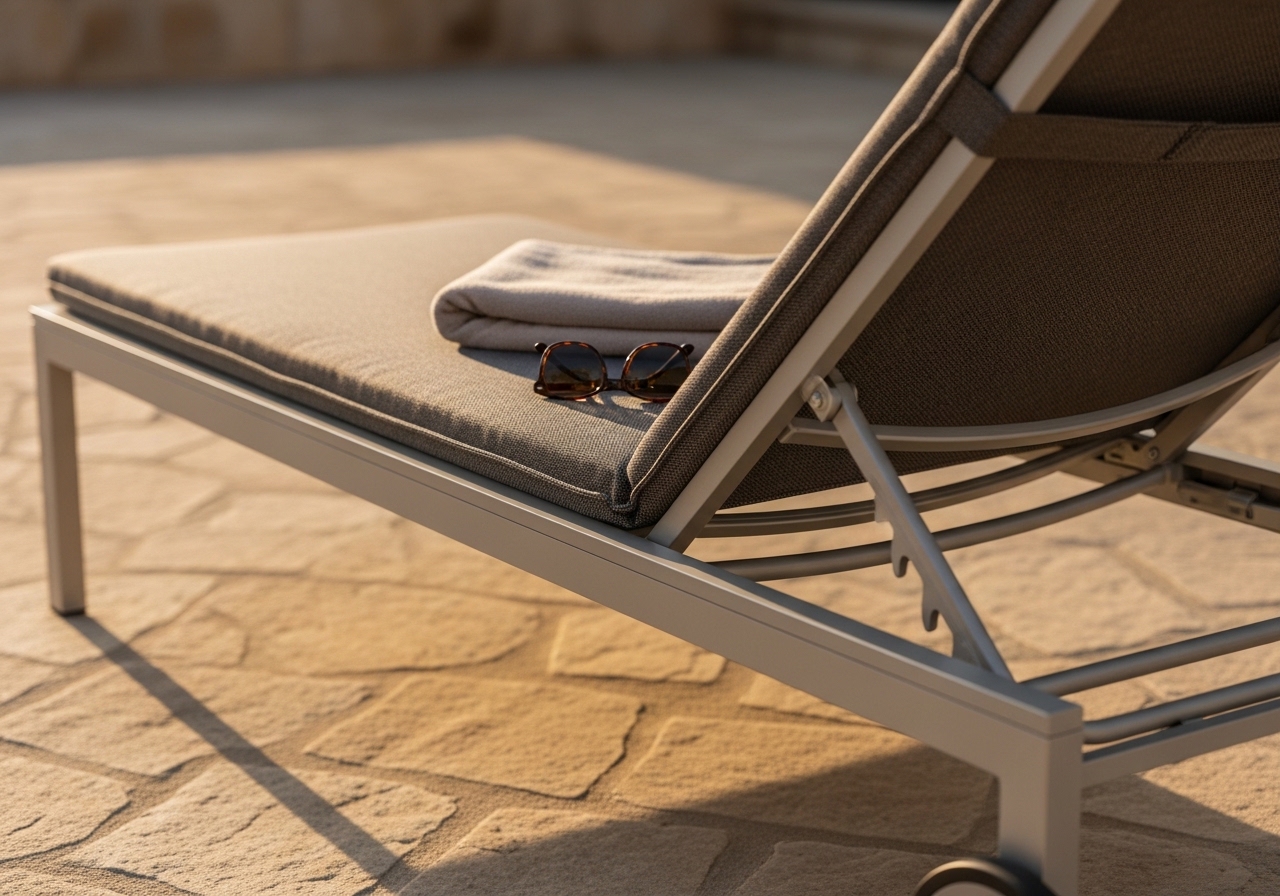 Aluminium tuinbed met verstelbare rugleuning en wieltjes op een betegeld zonnig terras