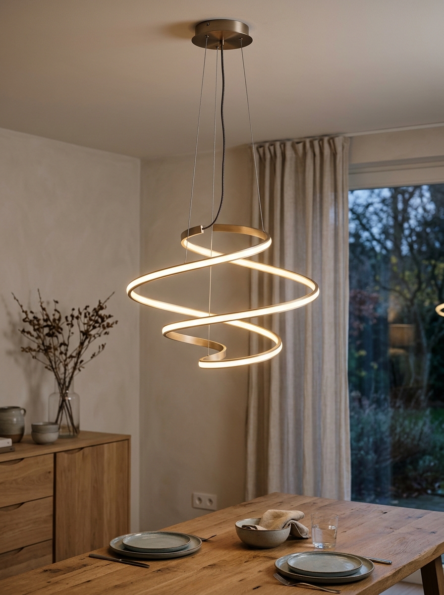 Suspension LED en spirale finition bronze allumée au-dessus d'une table à manger en chêne