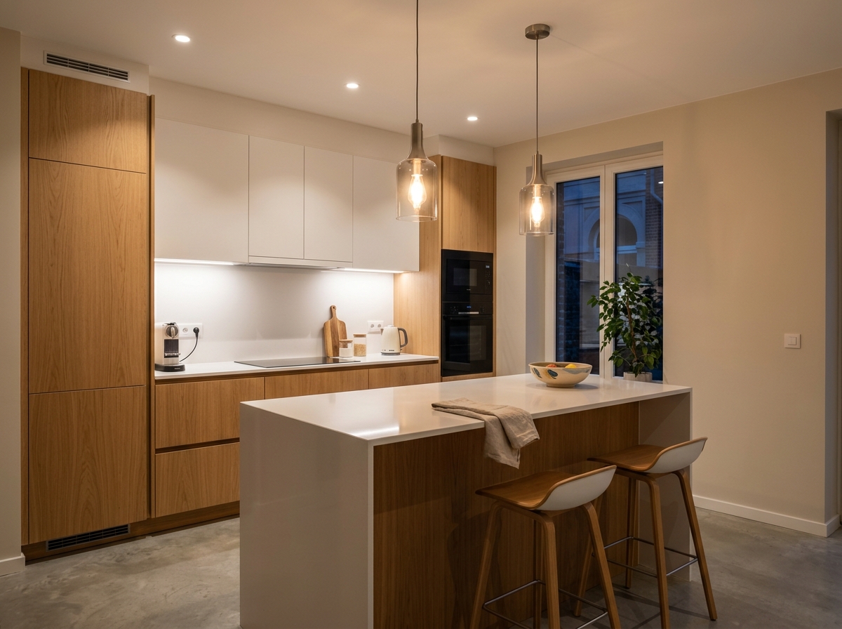 Cuisine moderne en soirée avec spots encastrés au plafond, éclairage sous les meubles hauts et deux suspensions au-dessus de l'îlot
