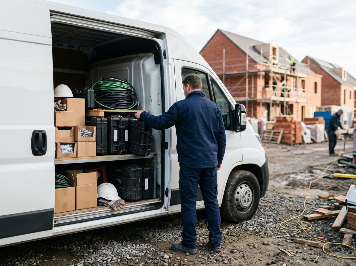Bestelwagen van een vakman met gereedschapskoffers en dozen bevestigingsmateriaal op een werf