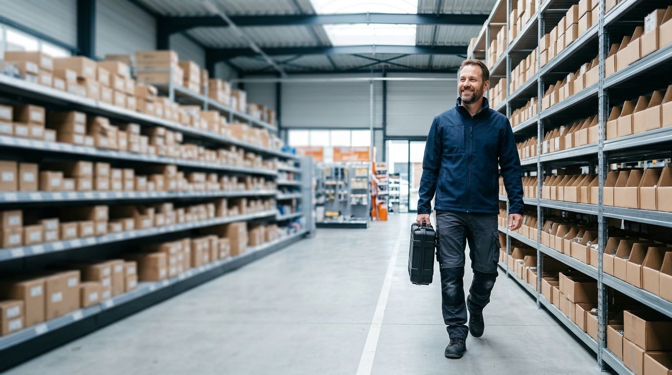 Vakman in een MenoPro winkel voor ijzerwaren en bevestigingsmaterialen
