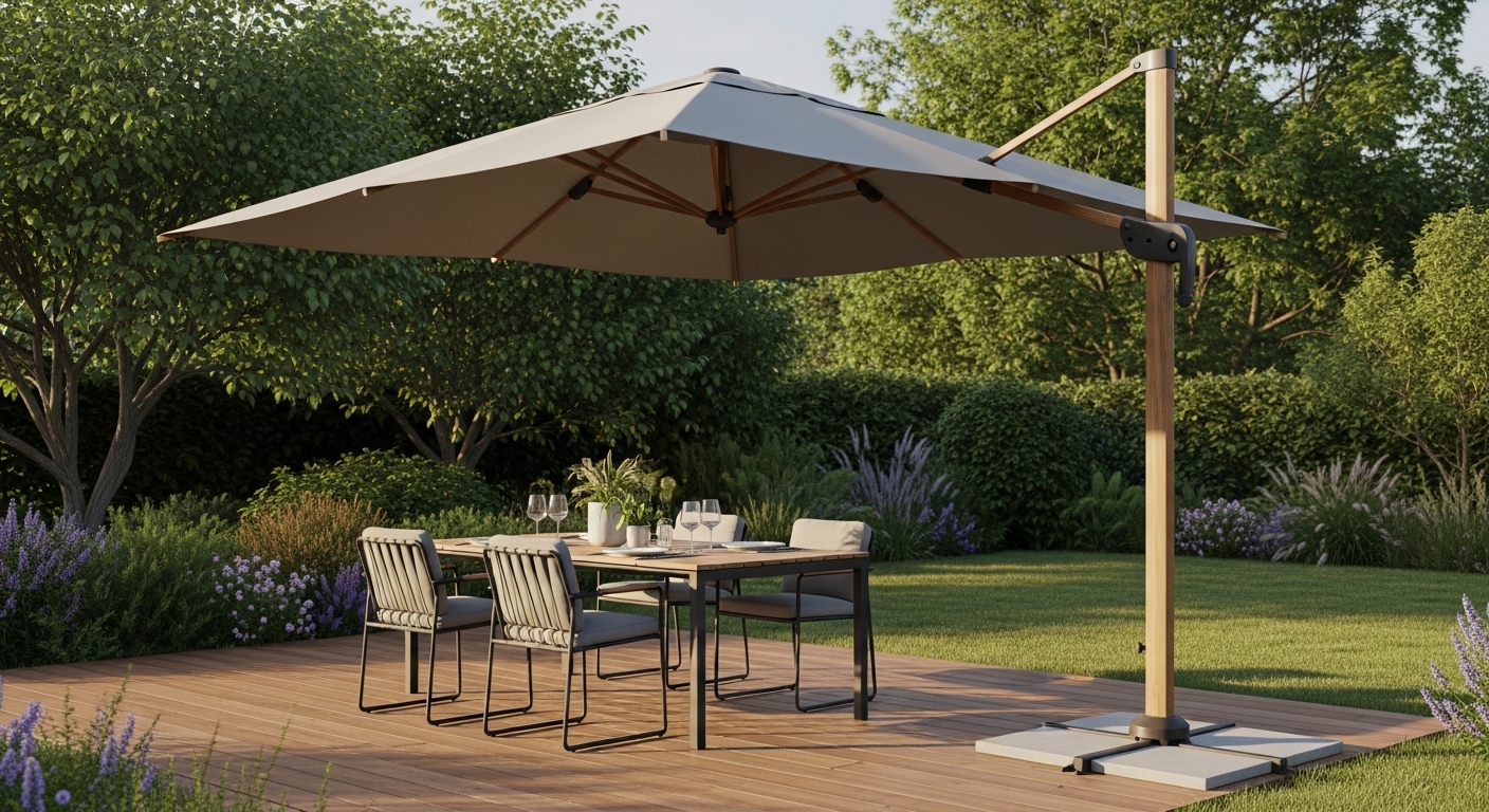 Zweefparasol op een houten terras in de namiddag­zon