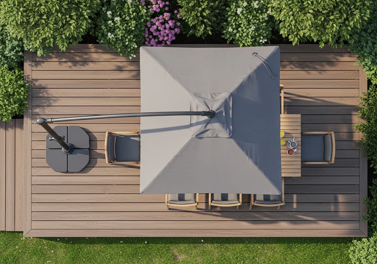 Zweefparasol correct geplaatst op een terras, voet aan de namiddagzonkant