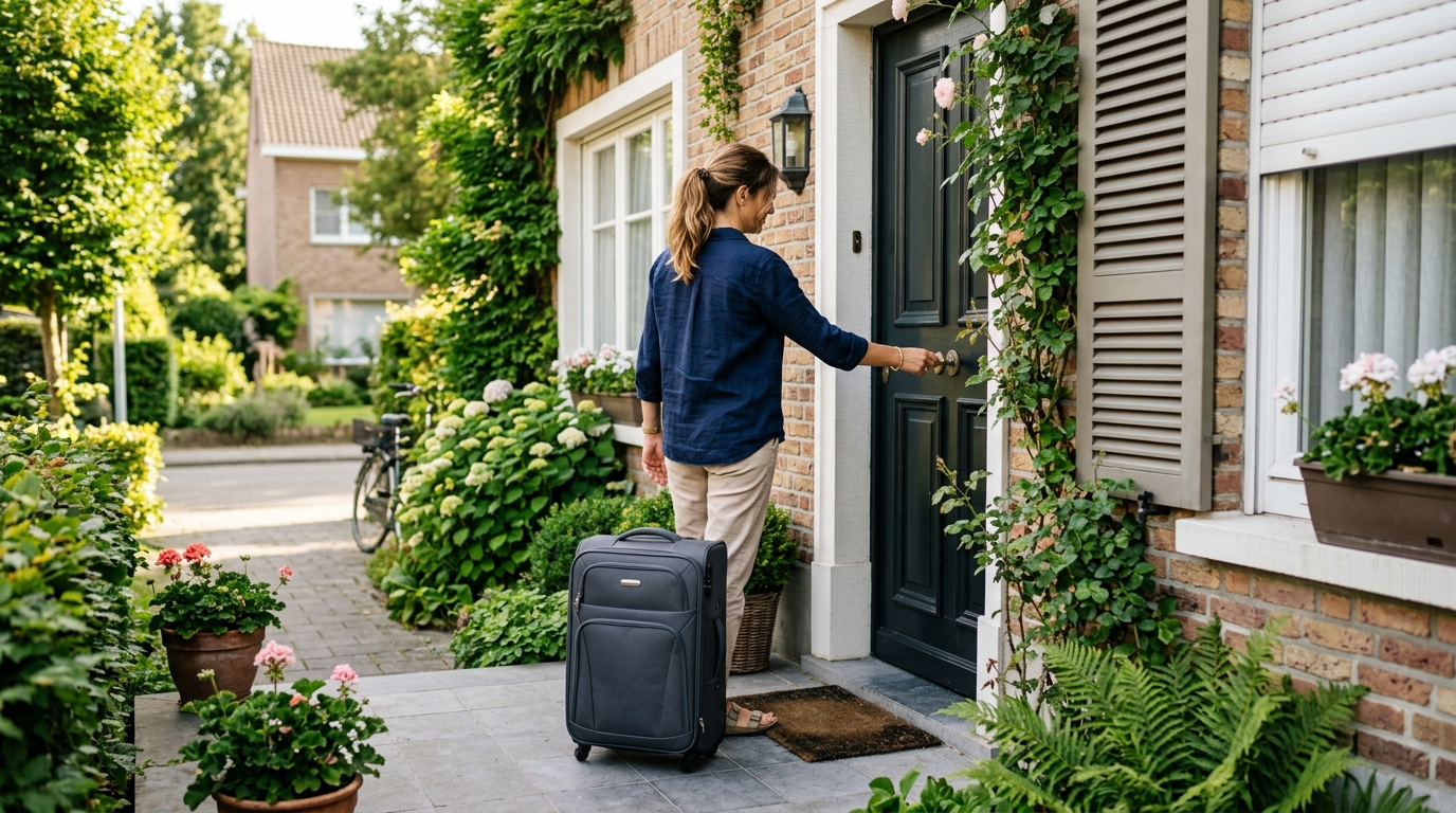 Persoon die de voordeur van zijn huis op slot doet, koffer ernaast op de stoep, zonnige dag