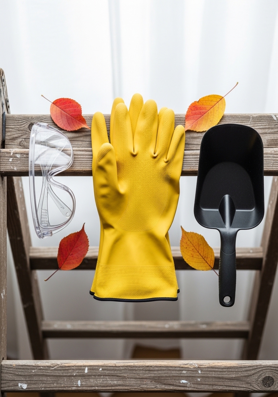 Handschoenen, dakgootschepje en veiligheidsbril op een laddersport, herfstbladeren op de grond