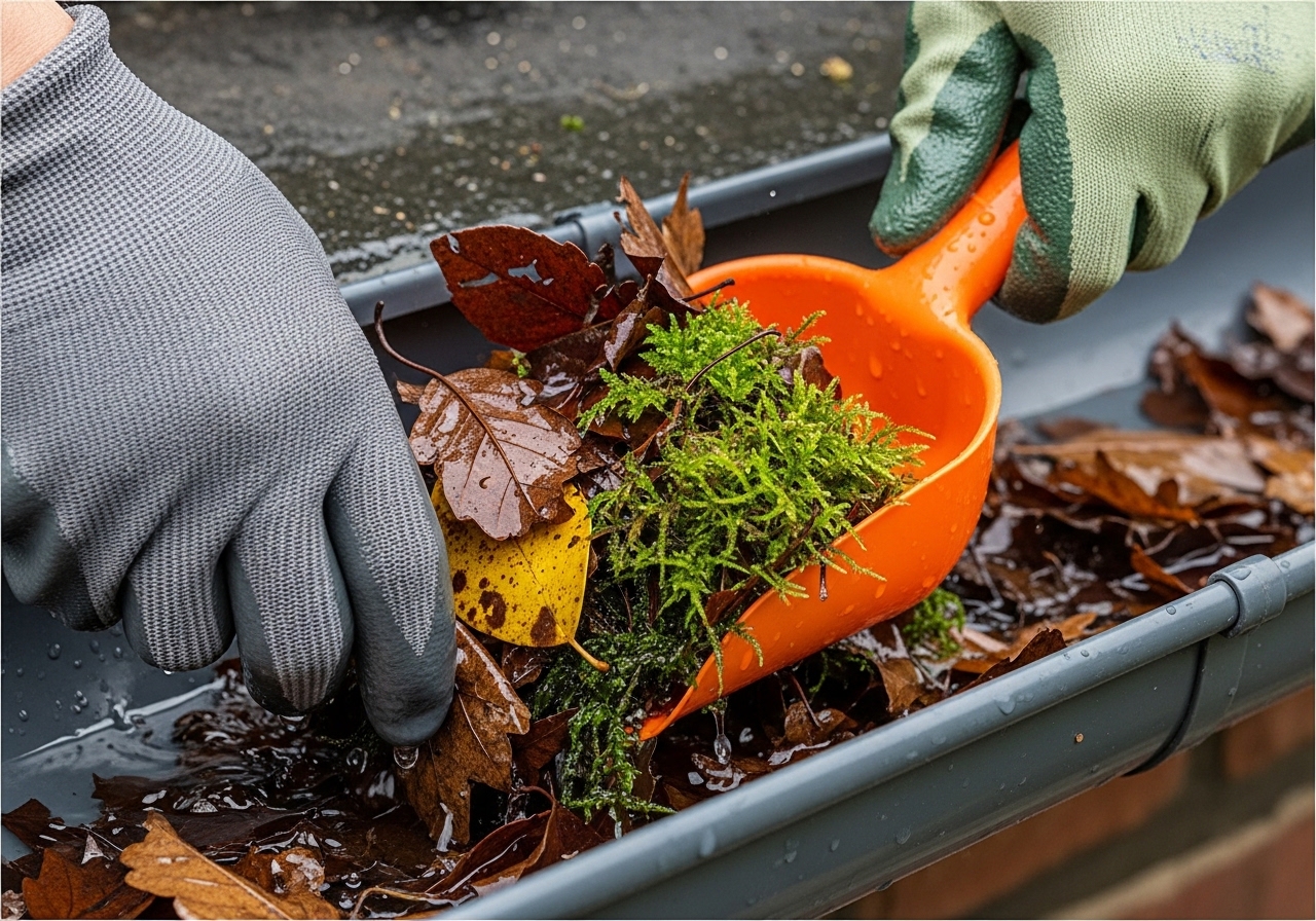 Handen met tuinhandschoenen die natte bladeren en mos uit een dakgoot verwijderen met een klein schepje
