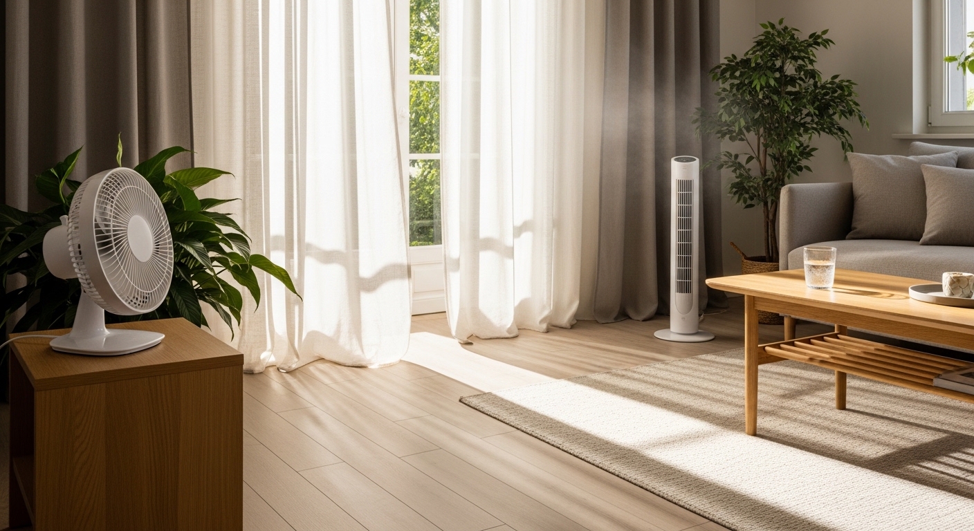 Verschillende types ventilatoren in een lichte Belgische woning in de zomer
