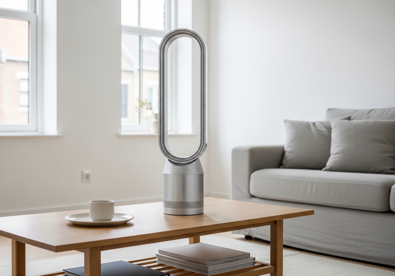 Moderne bladeless ventilator in een lichte Belgische woonkamer in de zomer