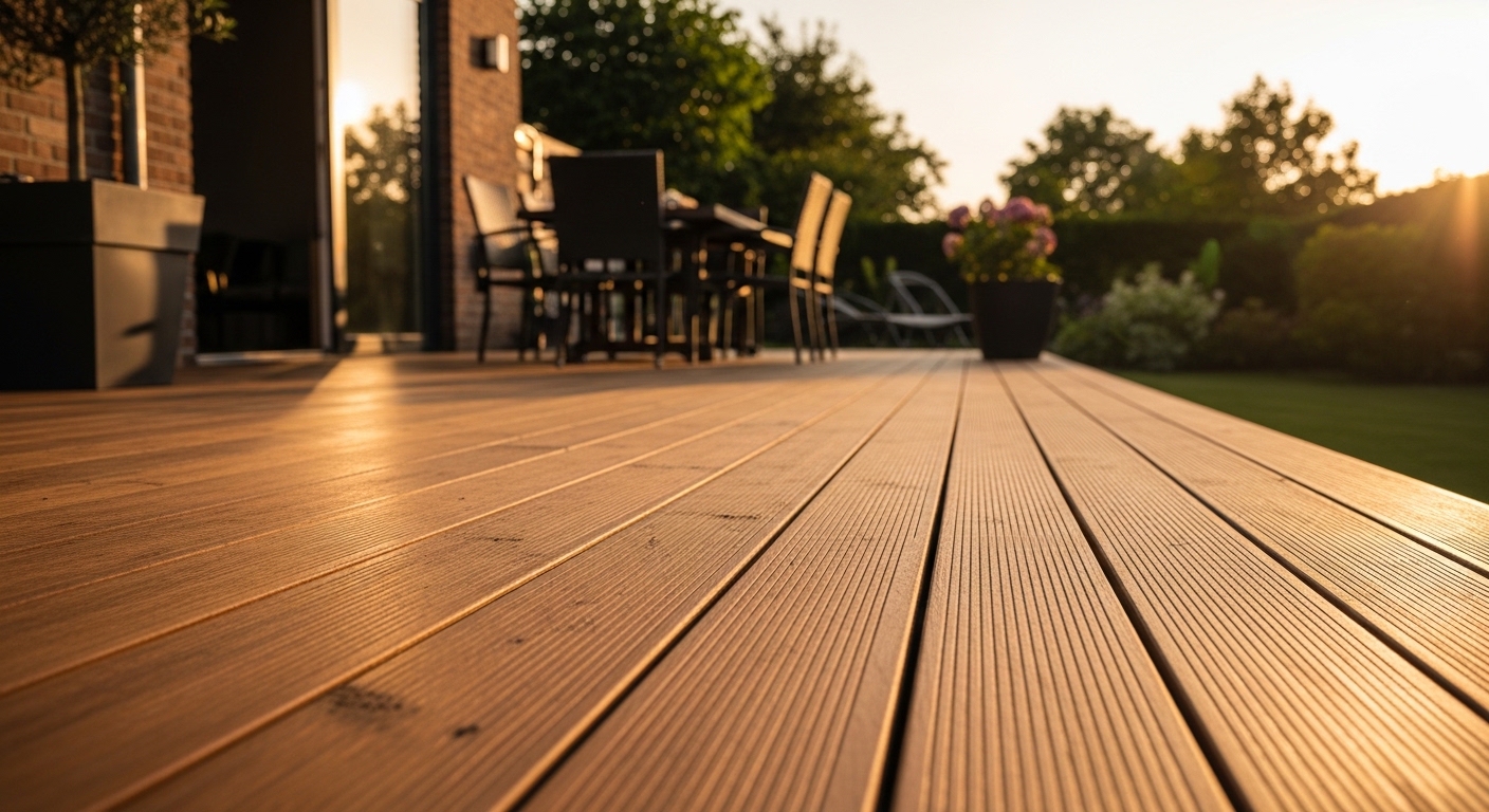 Vers gebeitst houten terras in de namiddagzon